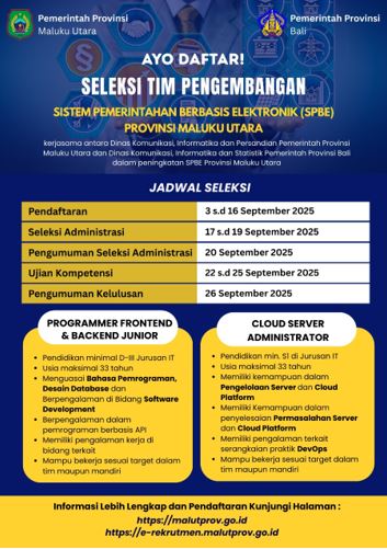Pemprov Malut Membuka Pendaftaran Seleksi Tim Pengembangan SPBE , Ayo Bergabung dan Jadi Bagian dari Transformasi Digital Daerah